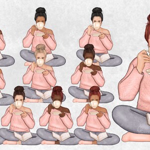 May include: A digital illustration of ten women sitting in a relaxed pose, each holding a cup of tea or coffee and a book. The women have different hair colors and styles, and they are wearing pink sweaters and blue jeans. The background is a light gray.