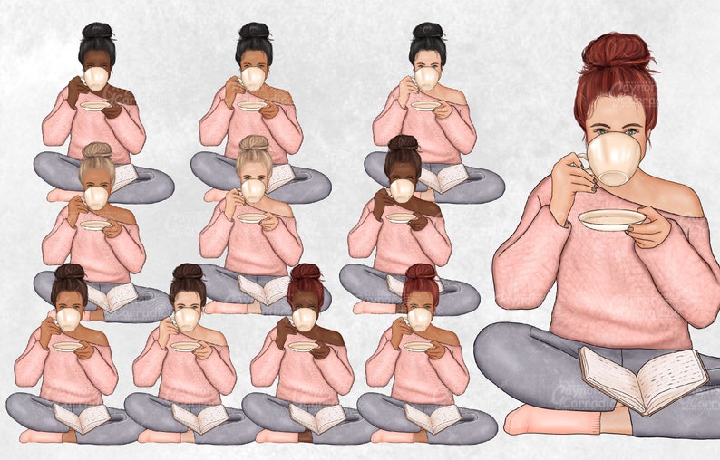 May include: A digital illustration of ten women sitting in a relaxed pose, each holding a cup of tea or coffee and a book. The women have different hair colors and styles, and they are wearing pink sweaters and blue jeans. The background is a light gray.