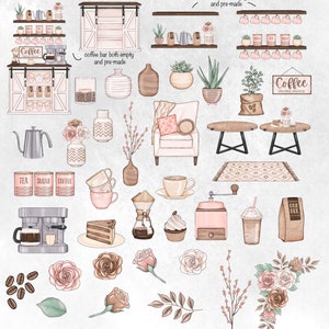 May include: A watercolor illustration of a coffee shop interior with a coffee bar, shelves, a chair, two tables, a coffee grinder, a coffee pot, a cake, a cupcake, a cup of coffee, a glass of iced coffee, a bag of coffee beans, and a variety of flowers and plants. The text "Coffee" is written on a sign above the coffee bar.
