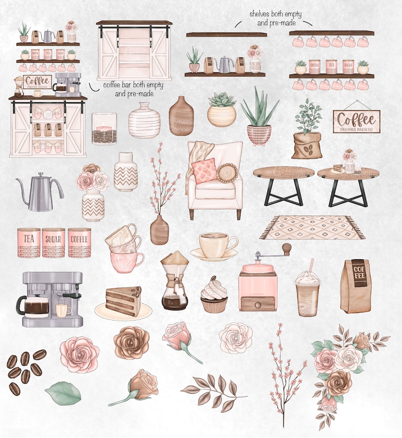 May include: A watercolor illustration of a coffee shop interior with a coffee bar, shelves, a chair, two tables, a coffee grinder, a coffee pot, a cake, a cupcake, a cup of coffee, a glass of iced coffee, a bag of coffee beans, and a variety of flowers and plants. The text "Coffee" is written on a sign above the coffee bar.