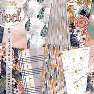 May include: A set of 12 digital papers featuring a variety of patterns in pink, blue, gold, and white. The patterns include stars, plaid, stripes, and floral designs. The papers are 12 inches by 12 inches and are 300 dpi. The text "Noel" and "SEAMLESS PATTERN COLLECTION" are included in the image.