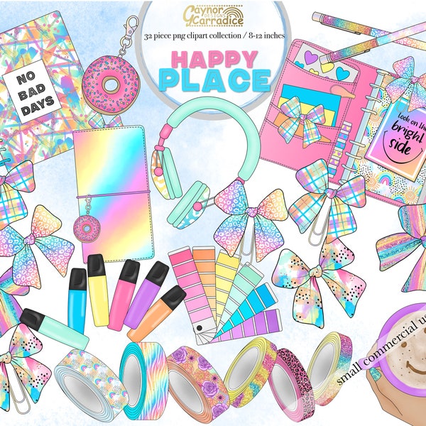 Happy Place planner clipart - clipart aquarelle été 32, clipart arc-en-ciel, graphiques flatlay, papeterie, washi tape, clips arc, fichiers png