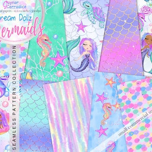 Mignons papiers numériques sirène Sous la mer motifs sans couture Arrière-plan de fête Arrière-plans sirène Planificateur sac papier Mermaid balances aquarelle
