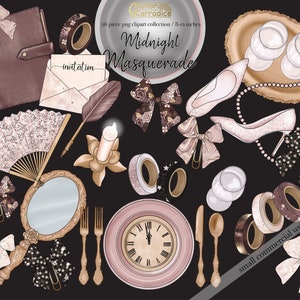 Puede incluir: Un conjunto de 26 imágenes digitales de clipart con un tema de mascarada de medianoche. Las imágenes incluyen un reloj, un abanico, una pluma de pluma, una vela, un par de tacones altos, un cuaderno, un par de gafas, un abanico, un espejo, un juego de cubiertos y varios diseños de cinta washi. Las imágenes son perfectas para crear invitaciones, decoraciones para fiestas y otros proyectos de manualidades.