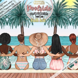 Poolside besties FULL KIT - customizable best friends clipart - summer girls clip art, Personalized BFF, customisable soul sisters clip art