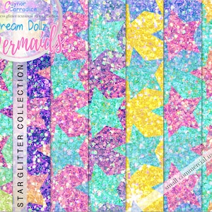 May include: Seven digital paper designs featuring a repeating pattern of iridescent glitter stars in shades of pink, blue, yellow, and purple. The text "Dream Dollz Mermaids" and "STAR GLITTER COLLECTION" is visible in the image. The text "small commercial use!" is also visible in the image.