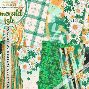 May include: A digital paper pack with 12 seamless patterns featuring shamrocks, daisies, stripes, and plaid in shades of green, white, and orange. The pack is called "Emerald Isle" and is for small commercial use.