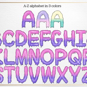 May include: A-Z alphabet in 3 colours. The letters are pink, purple, and light blue with a dripping effect.