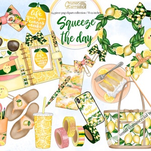 Summer planner clipart - 24 piece lemon clipart - bow clip, yellow stationery graphics - washi tape, cake, phone, flatlay - high quality png