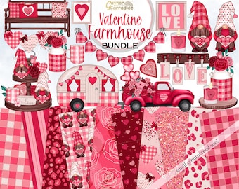 Valentines farmhouse clipart bundle - valentine digital paper / love clipart bundle, valentine gnome clipart, abstract seamless patterns