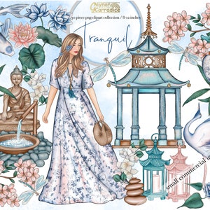 Tranquil garden clipart - 30 piece zen nature planner clip art - koi carp, lotus watercolor graphics - fashion illustration - commercial use