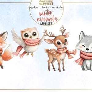 May include: A set of four winter animal illustrations featuring a fox, owl, deer, and wolf. Each animal is wearing a red scarf and has a cute, cartoon-like style. The illustrations are perfect for adding a touch of winter whimsy to your projects.