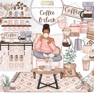 Puede incluir: Una colección digital de imágenes prediseñadas con temática de café, que incluye una mujer sentada en un sofá con una taza de café, un mostrador de cafetería con tazas de café, una cafetera y un pastel de café. Las ilustraciones están en una paleta de colores suaves y pastel y presentan una estética caprichosa y acogedora.