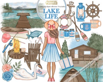 Lake Life Clipart - Set di clipart estive ad acquerello da 75 pezzi - grafica pianificatore nautico, clipart di pesca, clipart da campeggio, cabina, fuoco da campo