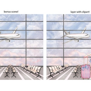 May include: A watercolor illustration of an airport scene with a woman in a pink dress and a pink suitcase walking towards a window with a view of a plane flying in the sky. The woman is looking out the window at the plane. There are rows of empty chairs in the waiting area.