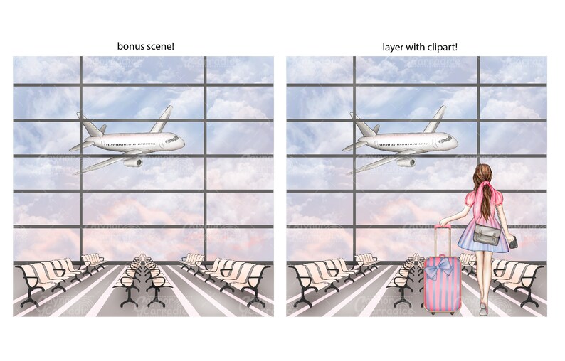 May include: A watercolor illustration of an airport scene with a woman in a pink dress and a pink suitcase walking towards a window with a view of a plane flying in the sky. The woman is looking out the window at the plane. There are rows of empty chairs in the waiting area.