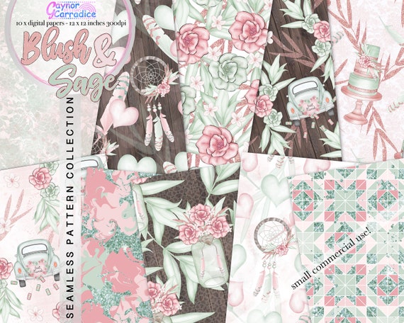 Blush, sage, boho wedding digital papers, rustic bridal shower seamless patterns, planner graphics, backdrops, backgrounds for DIY invites