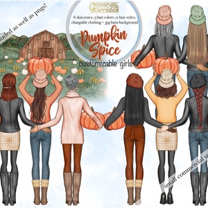 Autumn besties customizable girls - best friends clipart - Fall BFF clip art, customisable clipart, pumpkin custom besties, sisters clip art