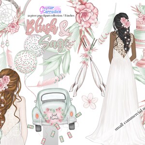 Blush and Sage wedding clipart, boho bride planner graphics with fashion illustration, vintage wedding car, feathers, dreamcatcher and more!