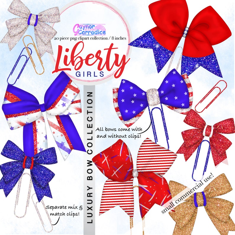 May include: A collection of 20 red, white, and blue glitter cheer bows, each measuring 8 inches in diameter. The bows are decorated with stars and stripes, and some have a silver glitter accent. The bows are available with or without clips. The image also includes a variety of silver paper clips.