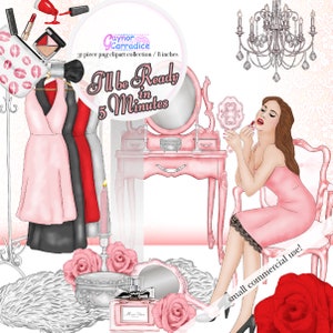 Makeup clipart Fashion clip art Beauty blogger girly planner stickers graphics Illustration png Watercolor Dressing room scene Blush