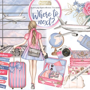 May include: A digital illustration of a woman in a pink dress standing in an airport with a suitcase and a sign that says "Where to next?" The sign is surrounded by pink flowers and a globe. The woman is holding a passport and a camera. The image includes the text "London, Moscow, Paris, SIDNEY, madrid, Rome, New York, Hong Kong, small commercial use!"