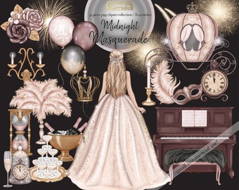 New Year Clipart - 41 piece fairy tale princess clip art - watercolor new years eve graphics - masquerade ball themed planner clipart - png