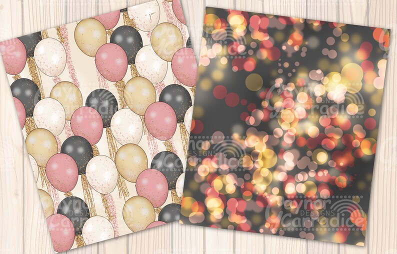 May include: Two digital paper designs featuring a pattern of pink, gold, and black balloons with gold glitter accents and a blurred background of gold and red lights.
