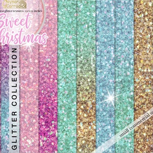 Papeles digitales realistas unicornio navideño brillante en rosa, menta, azul y oro - 10 Ombre brillan con patrones sin costuras - fondos de lentejuelas