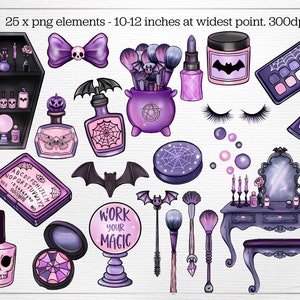 May include: A set of 25 digital illustrations featuring a spooky, gothic makeup theme. The illustrations include a vanity set, makeup brushes, a cauldron, a Ouija board, a bat, a skull, a spider, and more. The illustrations are in shades of purple, pink, and black.