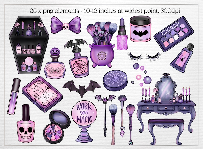 May include: A set of 25 digital illustrations featuring a spooky, gothic makeup theme. The illustrations include a vanity set, makeup brushes, a cauldron, a Ouija board, a bat, a skull, a spider, and more. The illustrations are in shades of purple, pink, and black.