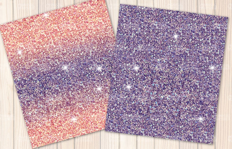 May include: Two sheets of glitter paper. One has a pink to purple gradient, the other is solid purple. Both have sparkling highlights, ideal for craft projects or scrapbooking.