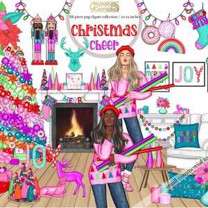 May include: A colorful Christmas scene with two women wearing pink sweaters and red Santa hats. The women are holding colorful wands and standing in front of a fireplace with a Christmas tree decorated with ornaments, candy canes, and bows. The scene also includes a stocking, a donut, a rainbow, and a sign that says "Merry & Bright".