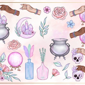 May include: A set of digital illustrations featuring a variety of magical and mystical elements, including crystal balls, cauldrons, flowers, feathers, and hands holding crystals. The illustrations are rendered in a soft, pastel colour palette with a whimsical and ethereal aesthetic.