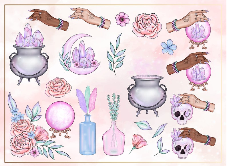 May include: A set of digital illustrations featuring a variety of magical and mystical elements, including crystal balls, cauldrons, flowers, feathers, and hands holding crystals. The illustrations are rendered in a soft, pastel colour palette with a whimsical and ethereal aesthetic.