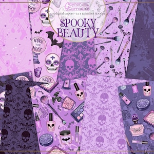 Digitale papieren Spooky Beauty - 10 naadloze goth-cosmeticapatronen - pastelgothachtergronden - griezelige make-uppatronen - halloweenpapieren
