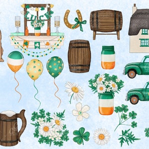 Pu&ograve; includere: Una collezione di clipart a tema San Patrizio con un camioncino verde, un cottage, un'arpa, un boccale di birra, una botte, un ferro di cavallo, una finestra con la scritta "LUCK", trifogli, margherite e palloncini.