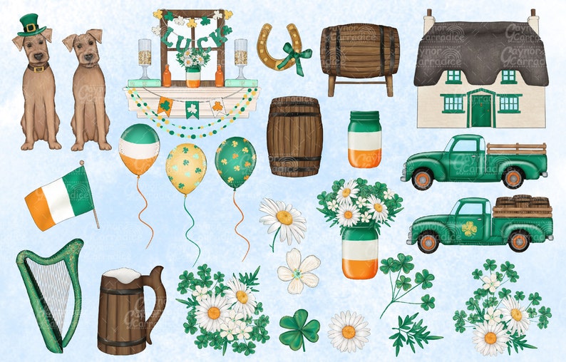 Pu&ograve; includere: Una collezione di clipart a tema San Patrizio con un camioncino verde, un cottage, un'arpa, un boccale di birra, una botte, un ferro di cavallo, una finestra con la scritta "LUCK", trifogli, margherite e palloncini.