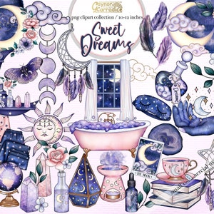 Sweet Dreams - 51 piece celestial clipart - sleep routine planner clipart - galaxy png graphics - crescent moon clipart - mystical artwork