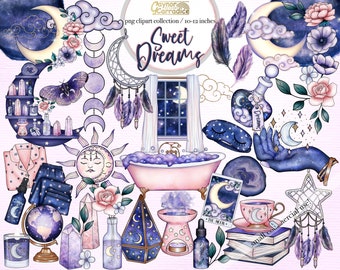 Sweet Dreams - 51 piece celestial clipart - sleep routine planner clipart - galaxy png graphics - crescent moon clipart - mystical artwork