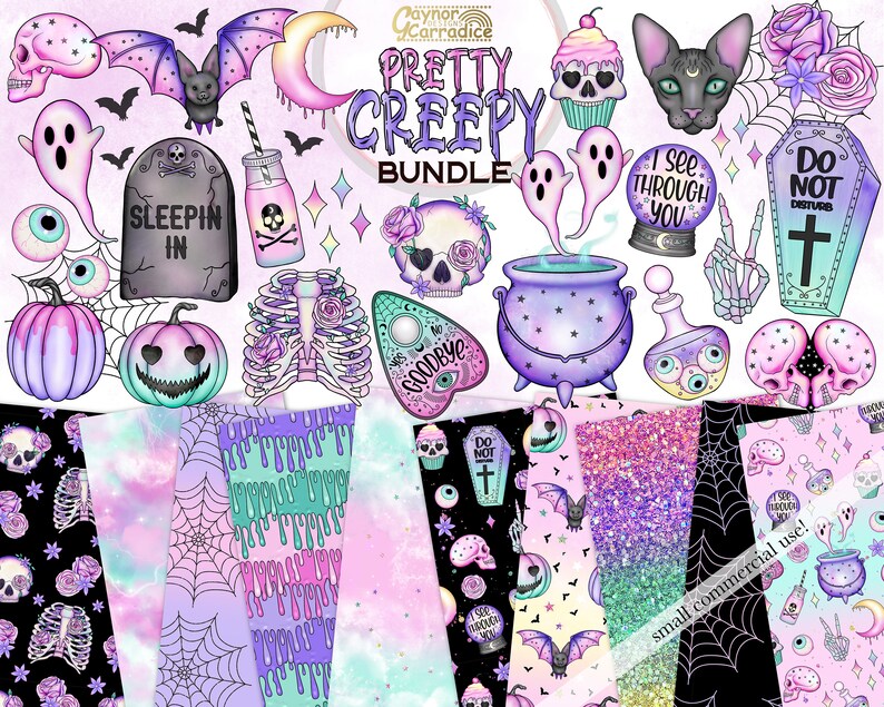 May include: A digital clipart set with a spooky, cute, and pastel aesthetic. The set includes images of a cauldron, a ghost, a bat, a skull, a pumpkin, a coffin, a spiderweb, and more. The text "Pretty Creepy Bundle" is at the top of the image.