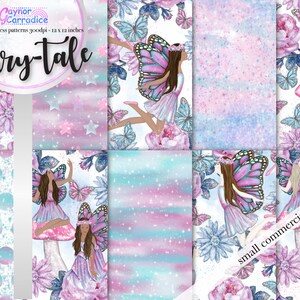May include: A set of 10 digital paper patterns featuring a fairy-tale theme. The patterns include a variety of colors, including pink, blue, and purple, and feature fairies, butterflies, stars, and flowers. The patterns are perfect for scrapbooking, card making, and other craft projects.