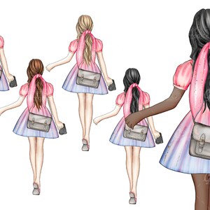 May include: Four women in pink dresses with matching bags and cameras walk in a line. The women have different hair colors and styles. The dresses have a light pink base with a gradient of blue and purple.