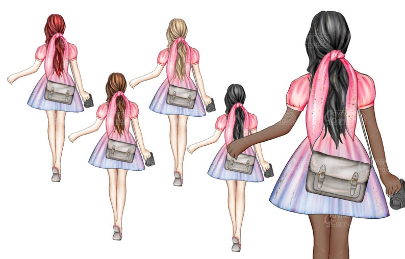 May include: Four women in pink dresses with matching bags and cameras walk in a line. The women have different hair colors and styles. The dresses have a light pink base with a gradient of blue and purple.