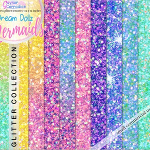 Mermaid glitter digital papers, Ombre glitter seamless patterns Summer Sparkle glam backgrounds Unicorn Pink Blue Aqua Yellow Purple Bright