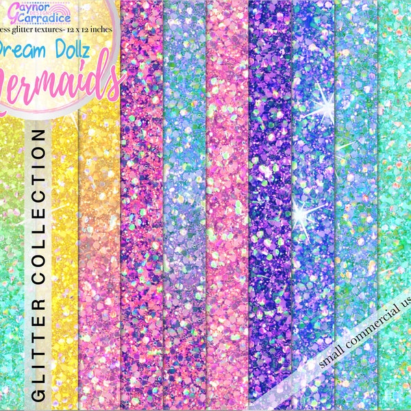 Mermaid glitter digital papers, Ombre glitter seamless patterns Summer Sparkle glam backgrounds Unicorn Pink Blue Aqua Yellow Purple Bright