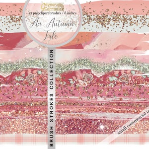 May include: A set of 12 digital brush strokes in pink, red, and gold with glitter and floral patterns. The brushes are 8 inches wide and are for small commercial use. The text "An Autumn Tale" is in the image.