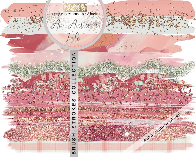 May include: A set of 12 digital brush strokes in pink, red, and gold with glitter and floral patterns. The brushes are 8 inches wide and are for small commercial use. The text "An Autumn Tale" is in the image.