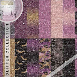 Könnte beinhalten: Ein Set mit 16 digitalen, nahtlosen Glitzertexturen in verschiedenen Farben, darunter Lila, Rosa, Gold und Schwarz. Die Texturen zeigen Halloween-Designs wie Fledermäuse, Spinnweben und Kreuze. Der Text "Haunted Glitter Collection" und "small commercial use!" ist im Bild sichtbar.