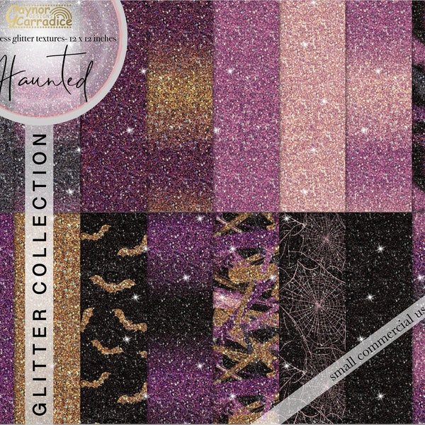 Halloween glitter digital papers - Purple, black, gold glitter seamless patterns, ombre glitter backgrounds, bats, cobwebs realistic glitter